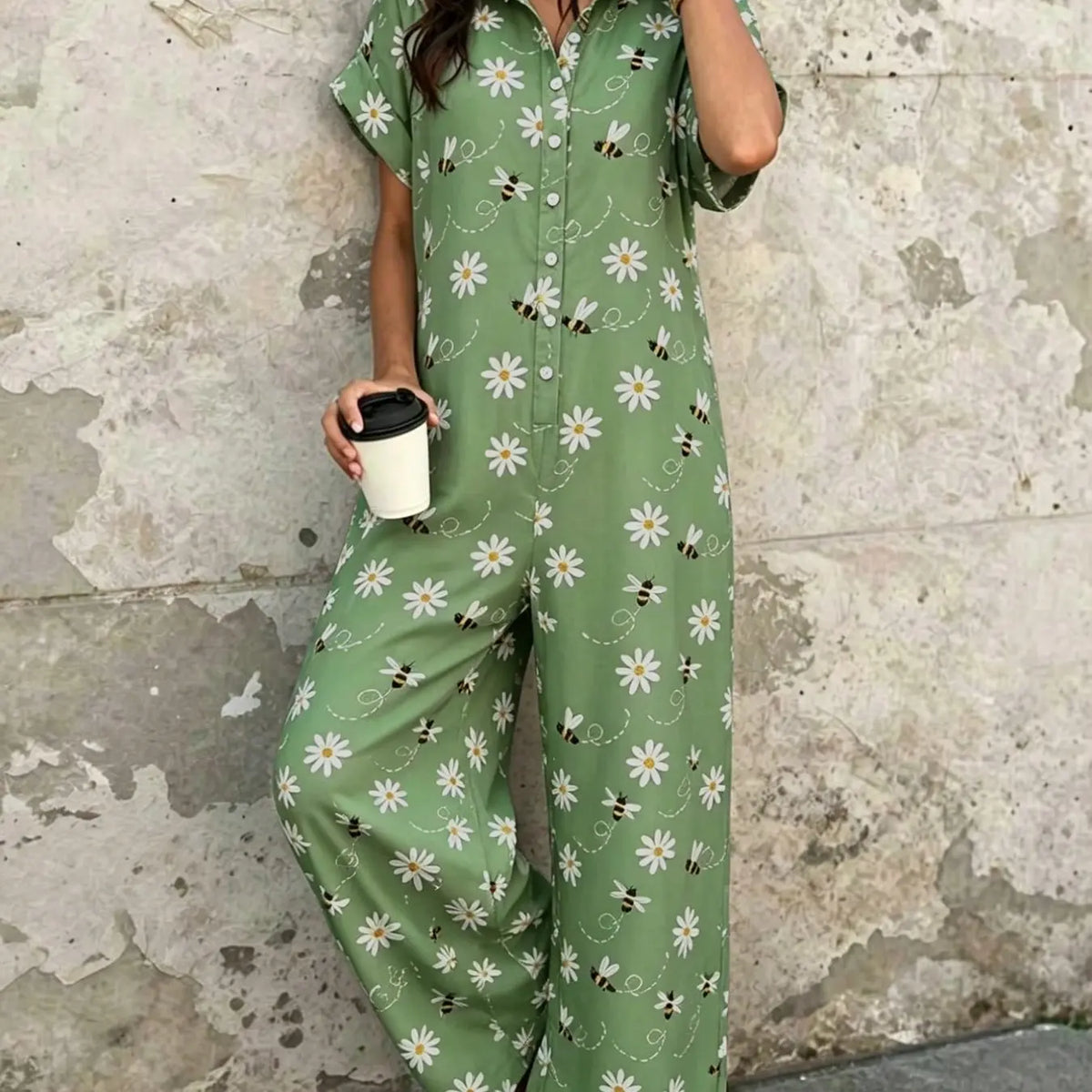 Women's Casual Minimalist Loose-Fitting Jumpsuit, Summer Short Sleeve Collared Print Jumpsuit, Wide Leg Long Pants with Button Closure