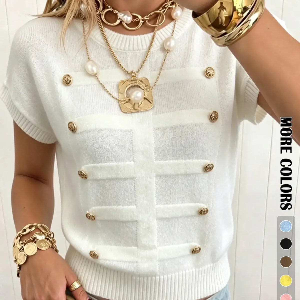 Elegant Loose-Fitting Plain Round Neck Metal Button Short Sleeve Pullover Loose Tops for Daily and Everyday Wear