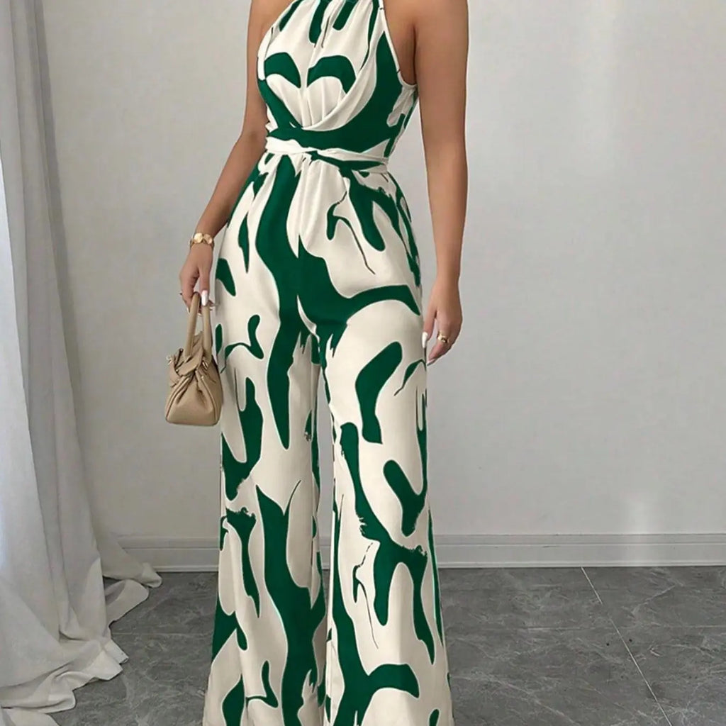 Women's All-Over Print Halter Neck Wide-Leg Jumpsuit, One Piece Jumpsuits, Sleeveless Casual Party Jumpsuit for Holiday Vacation & Daily Wear, Ladies' Spring & Summer Clothes