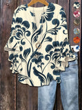 Plus Size Floral Print Flounce Sleeve Ruffles Blouse, Casual Loose-Fit Notched-Neck Top, Summer Wear, Trendy Bohemian Shirts, Comfortable Relaxed-Fit Blouse, Stylish Elegant Top for Parties, Boho Fashion Top