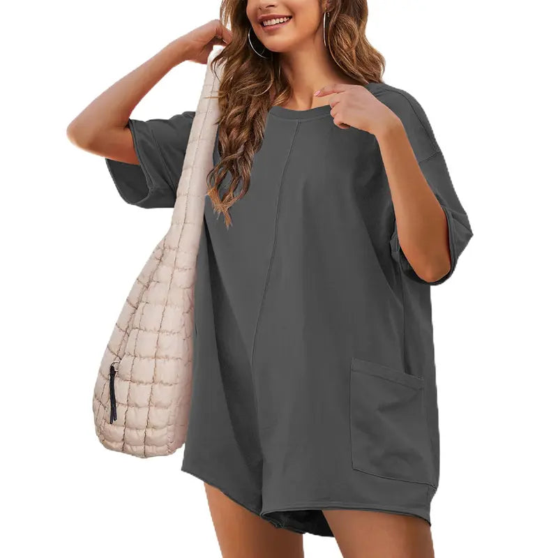 KingApril Women’s Oversized Rompers/Jumpsuits with V-Neck Back, Casual Athletic Workout T‑Shirt One‑Piece Activewear, Summer Vibes, Spandex, Ribbed,sohochic