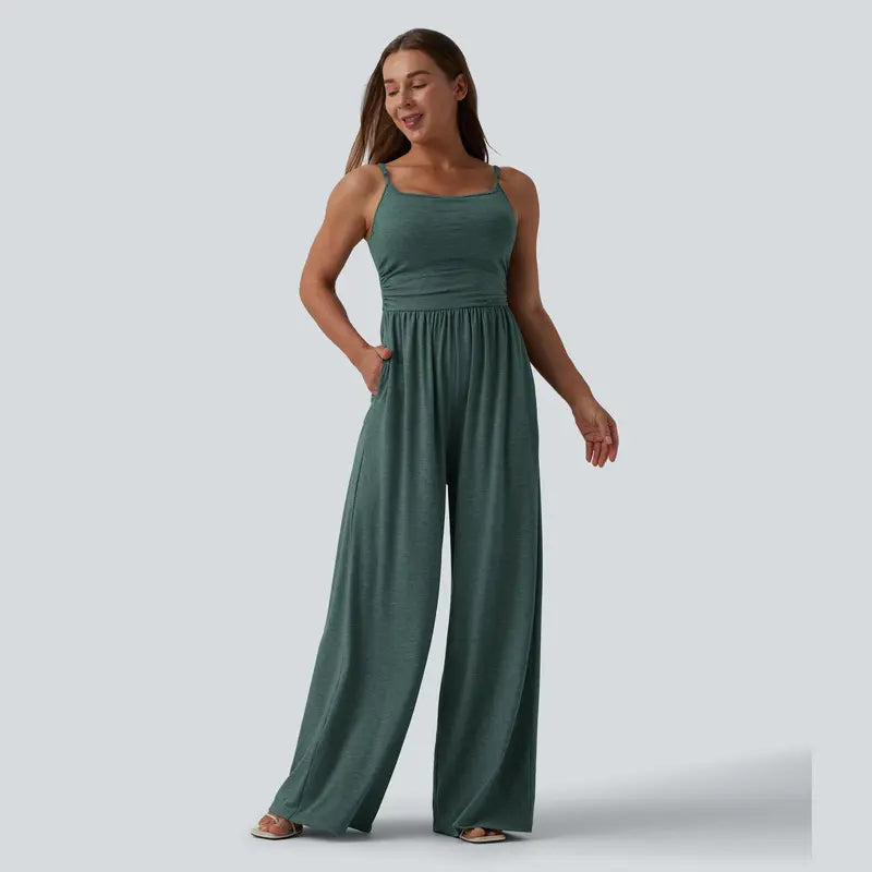 Halara Adjustable Straps Ruched Wide Leg Heathered Casual Jumpsuit with Pockets-Easy Peezy