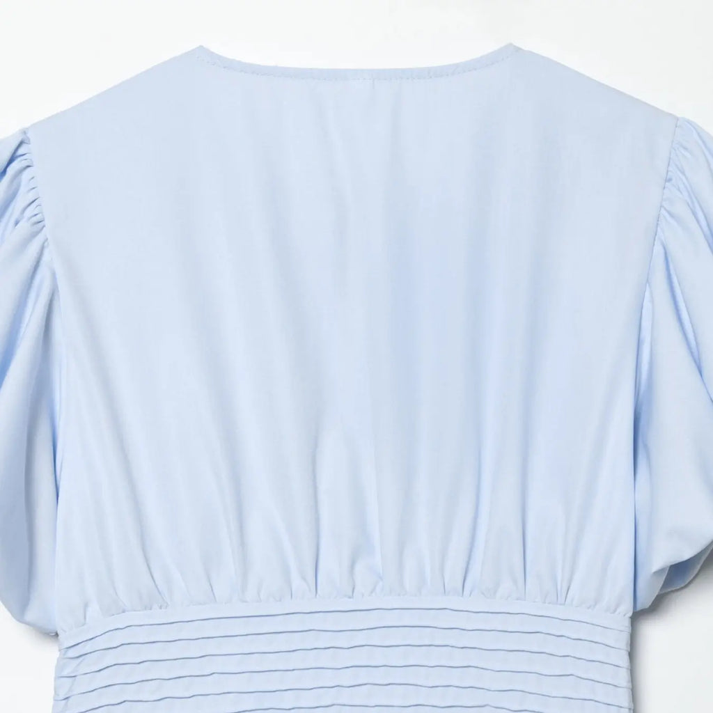 Women's Light Blue Puff Sleeve Peplum Blouse, Front Button Detail, Pleated Chest, Elastic Waist, Ruffled Hem, Soft Breathable Fabric, Coquette Aesthetic, Casual Elegant Ruffle, Slim Fit for Casual Daily Wear and Office, Casual Shirts, Button Closure Top