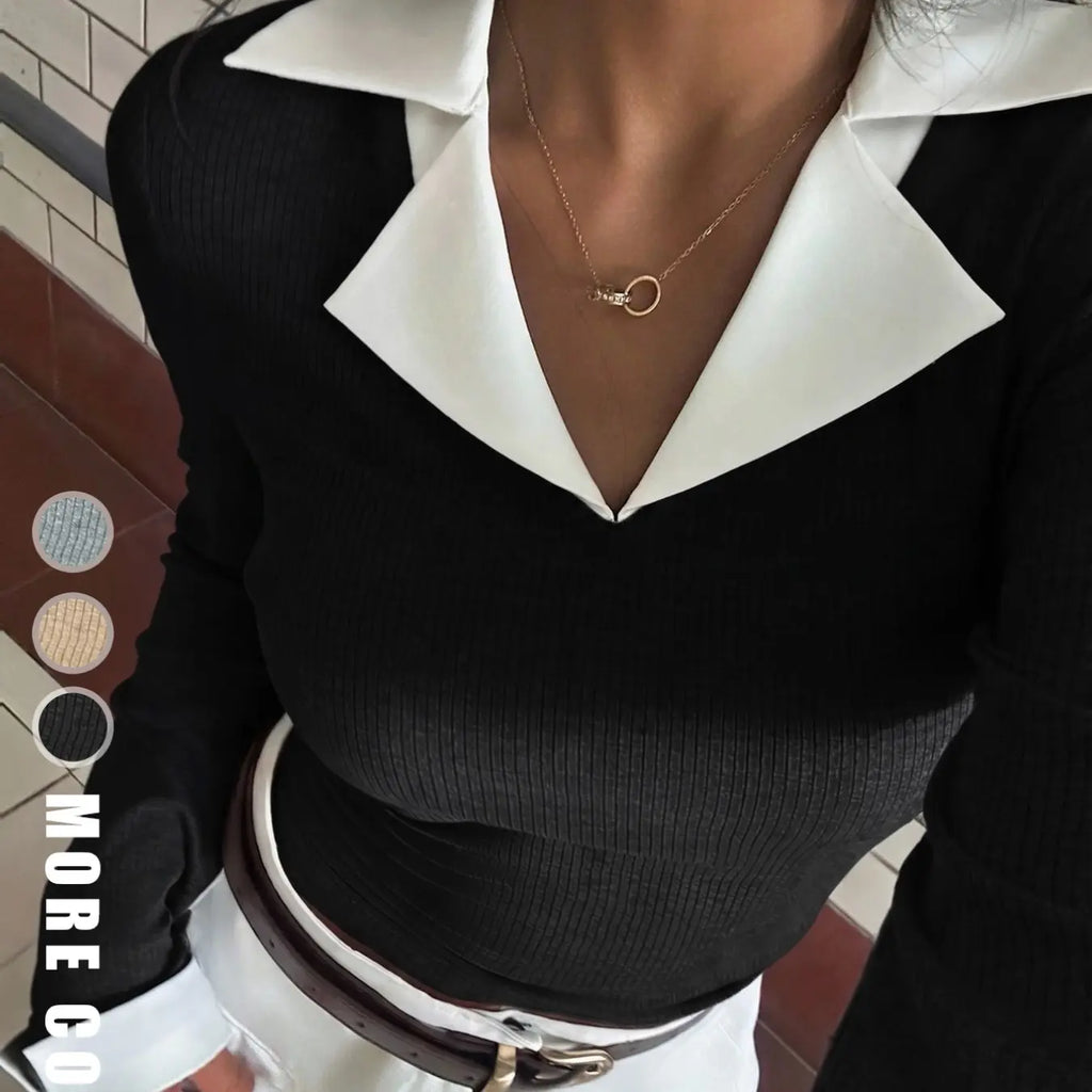 Women's Autumn Colorblock V-Neck Long Sleeve Top, Comfortable Inner Layer, Casual Daily Wear, Simple Striped Fleece Material