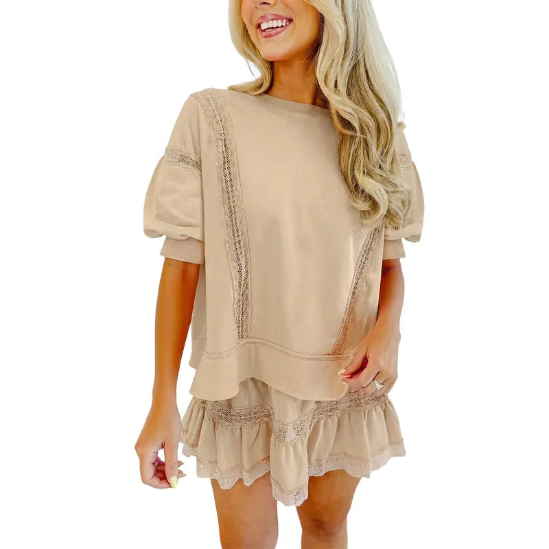 Fisoew Women's Cotton Lace Trim 2-Piece Set - Short Puff Sleeve Top & Ruffled Shorts, Trending Casual Matching Set for Summer Vacation Beach Lounging, Soft Ready-to-Wear Lacy Outfit SohoChic