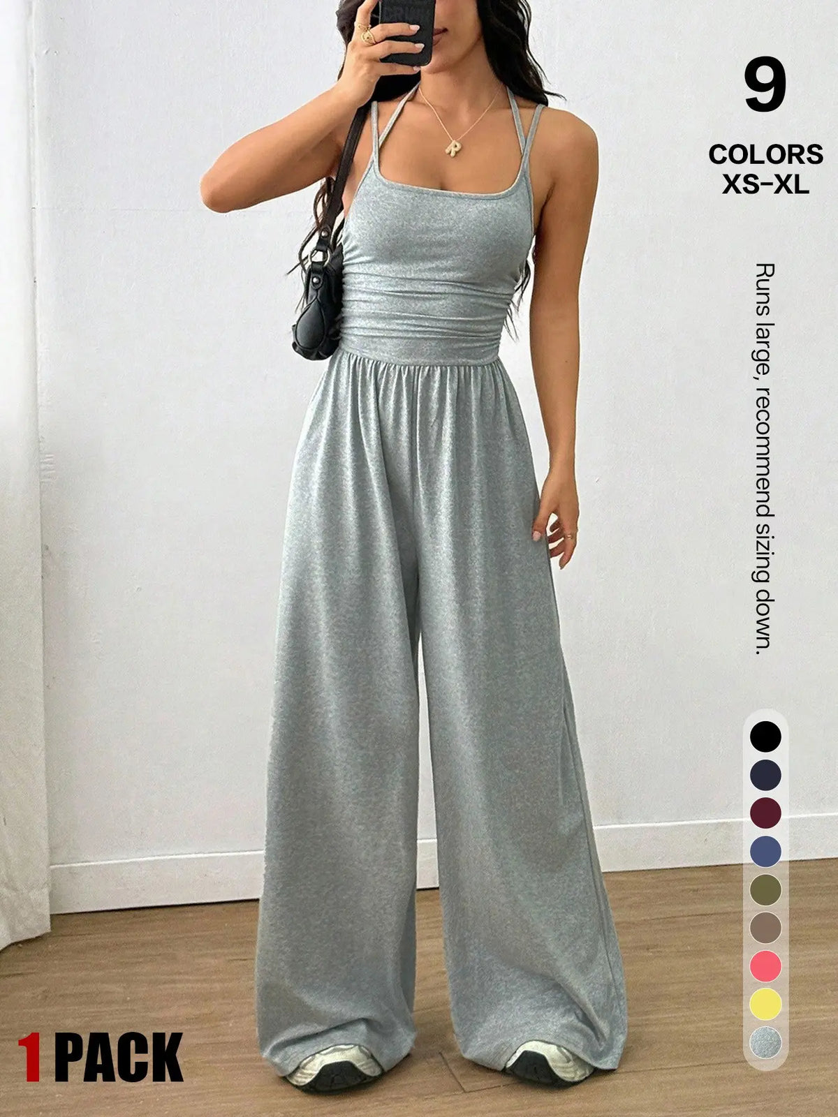 Women's Backless Jumpsuit, Basic Spaghetti Strap Smocked Bodice One Piece Romper, Sleeveless Wide Leg Casual Outfit, No Pockets, All Seasons Vacation Wear