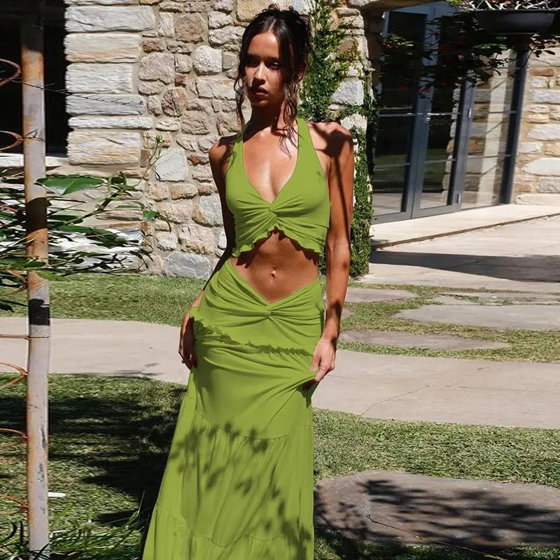 Backless Crop Top & Ruched Skirt Two Pieces Set Women's 2026 Summer & Fall New Clothes Sleeveless Halter Neck Top & Skirt Ladies Holiday Vacation Beach Lightweight Outfits Solid Color Skirt Suit