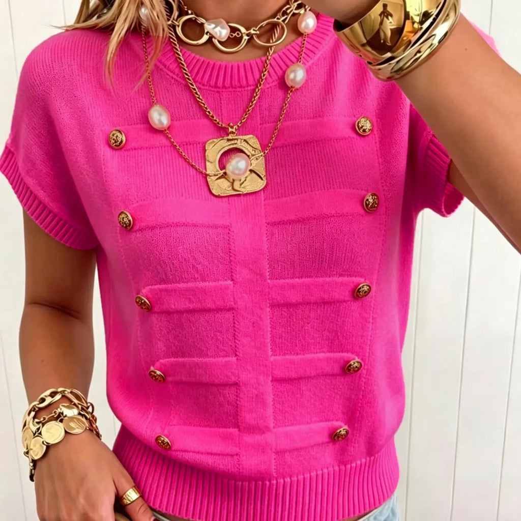 Elegant Loose-Fitting Plain Round Neck Metal Button Short Sleeve Pullover Loose Tops for Daily and Everyday Wear