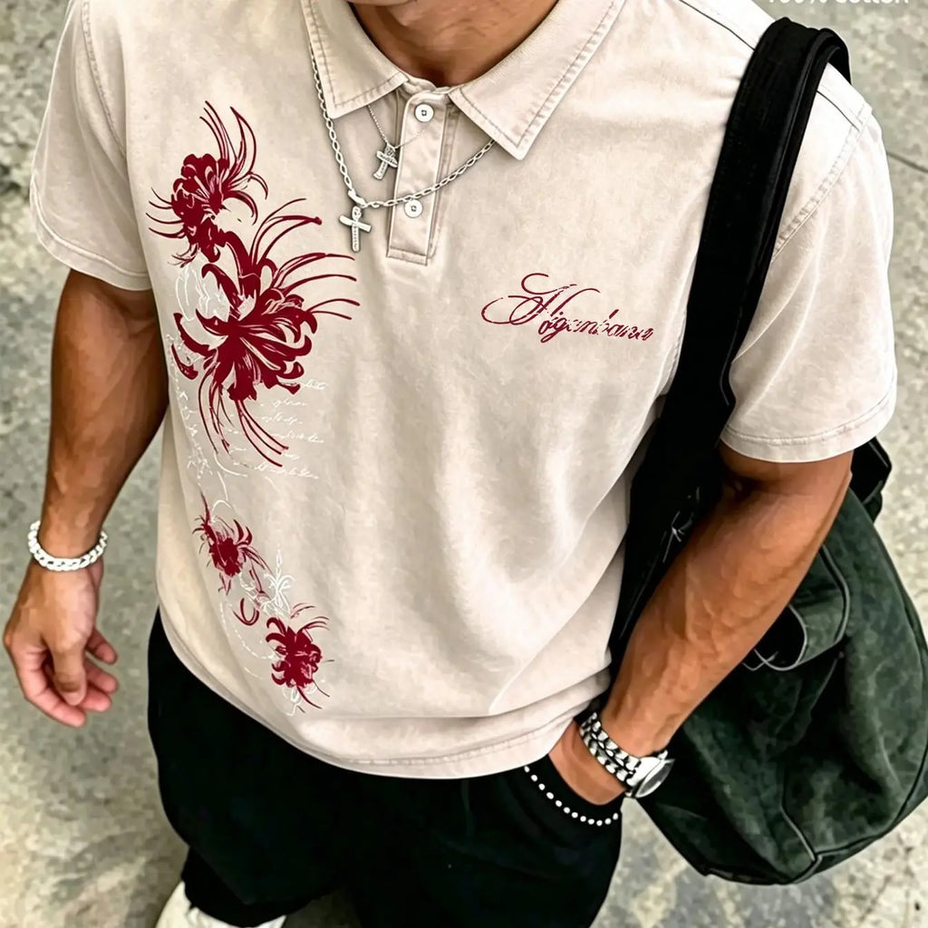 Unisex Dark Gothic Casual 100% Cotton Washed Floral Spider Lily Print Oversized Polo Shirt, Y2K American Retro Top, High Street Style, Casual Polo Shirts