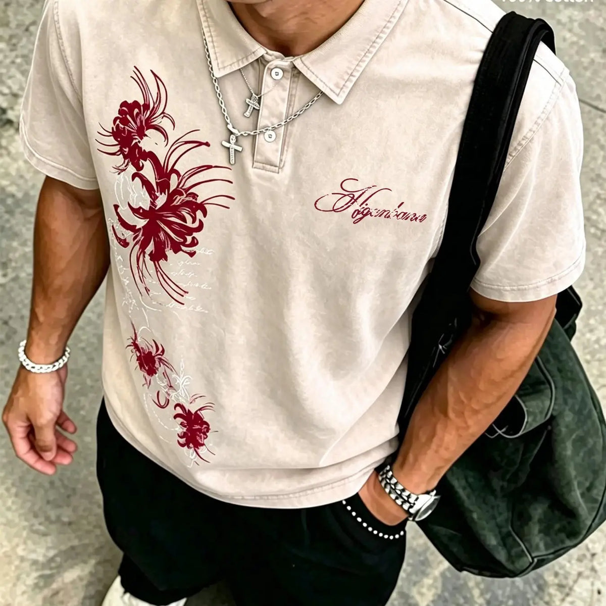 Unisex Dark Gothic Casual 100% Cotton Washed Floral Spider Lily Print Oversized Polo Shirt, Y2K American Retro Top, High Street Style, Casual Polo Shirts