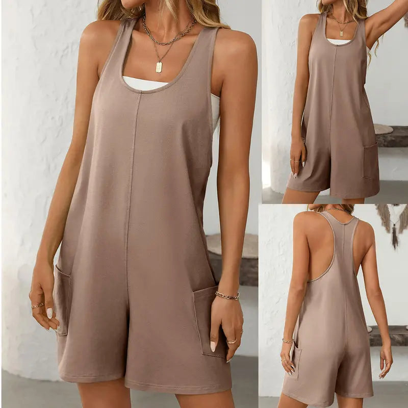 Ommig Women's Breezy Cotton-Elastane Pocketed Pullover Romper - Cute Sleeveless Square Neck Oversized Casual Athletic Basics, Above-The-Knee Work-To-Beach Maternity Summer Shorts Jumpsuit