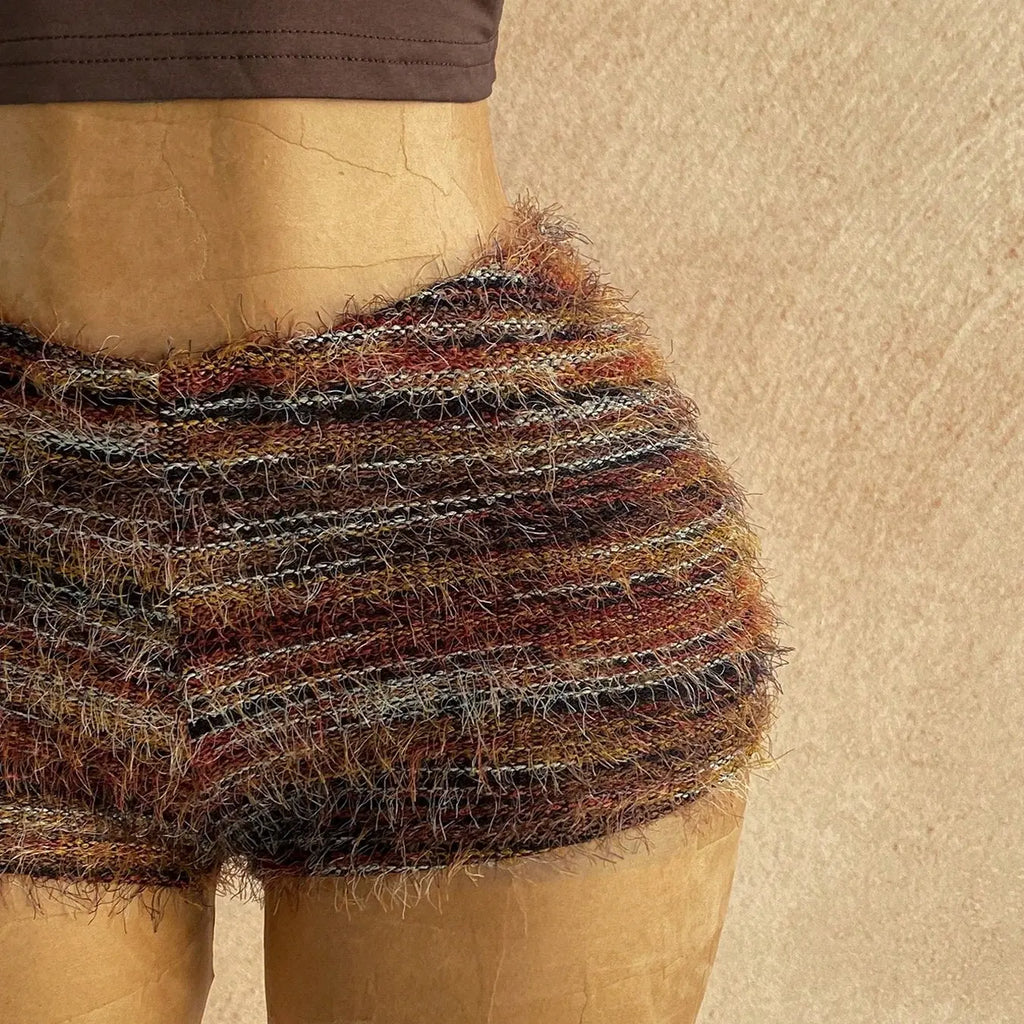 Y2K Aesthetic Casual Womenswear One-Shoulder Sleeveless Metallic Accent Crop Top & Vintage Fringe Tweed Shorts Set Striped Sets Shorts Sets Outfits Summer Sets