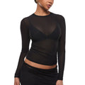 Cosnufy Mesh Sheer Long Sleeve Top Single Layer Crew Neck See Through