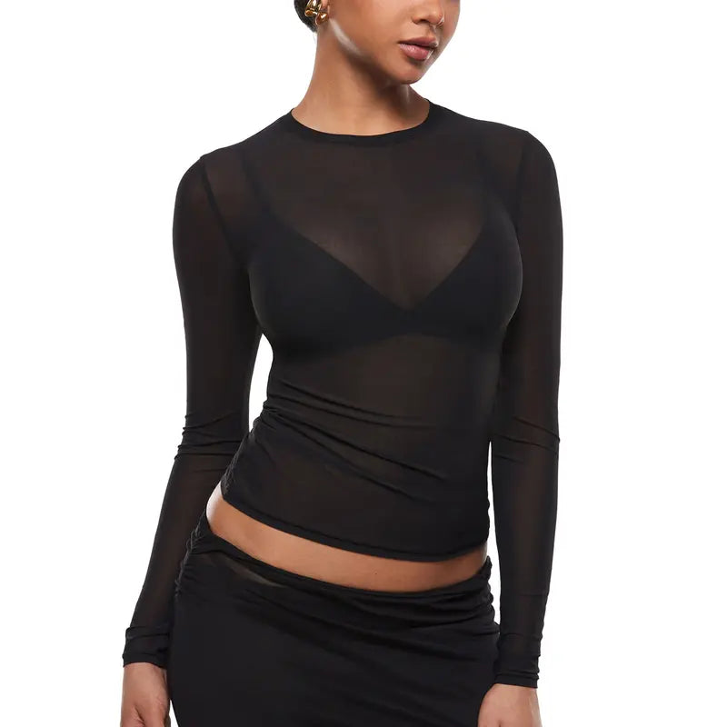 Cosnufy Mesh Sheer Long Sleeve Top Single Layer Crew Neck See Through