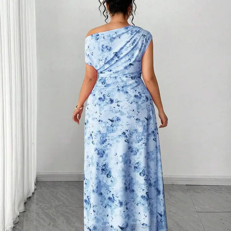 ZENIE Plus Size Elegant Date Night Off Shoulder Cinched Waist Floral A Line Maxi Dress Party Outfit