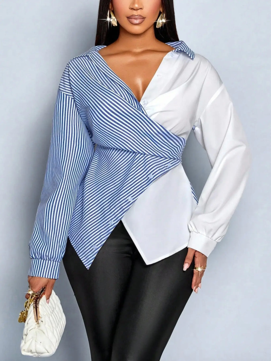Women's Striped Print Button Front Shirt, Button Closure Shirt, Asymmetrical Shirts, Asymmetrical Hem ,Wrap Blouse,Fall Outfits,Long Sleeve,Winter Clothing,Elegant,Chic,Daily Commuting,Going Our,Casual, Top