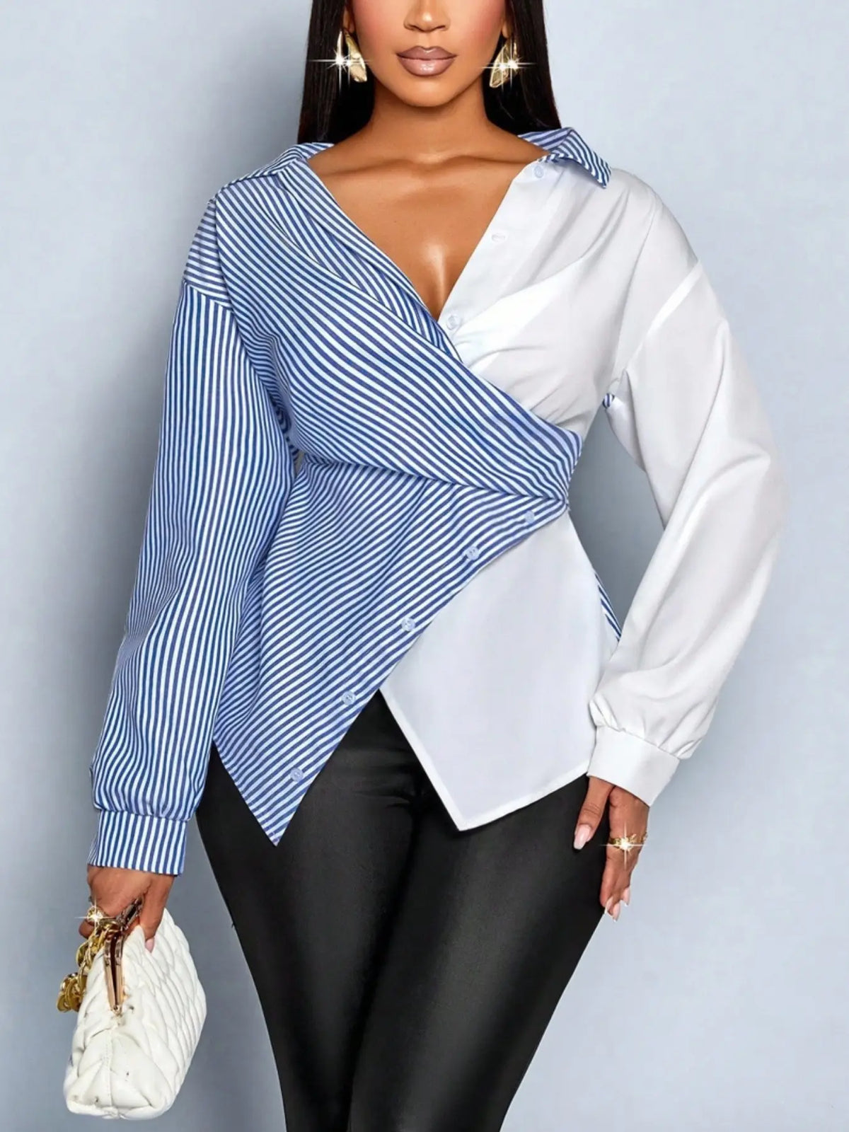Women's Striped Print Button Front Shirt, Button Closure Shirt, Asymmetrical Shirts, Asymmetrical Hem ,Wrap Blouse,Fall Outfits,Long Sleeve,Winter Clothing,Elegant,Chic,Daily Commuting,Going Our,Casual, Top
