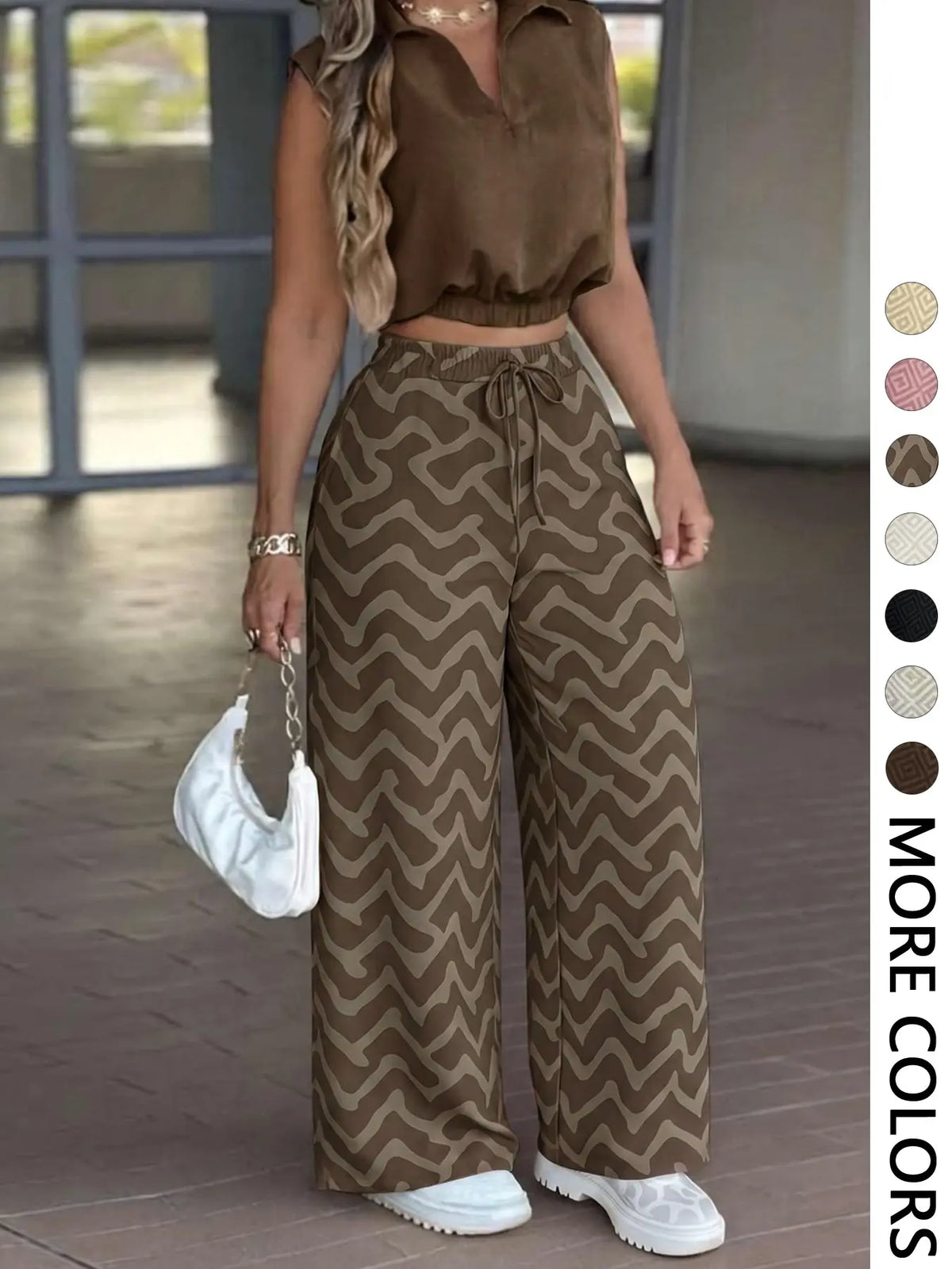 2-Piece Women's Casual Commuter Clothes Set, Two Pieces Outfits, Sleeveless Collared Waist-Defined Top with High-Waisted Adjustable Drawstring Wide-Leg Pants