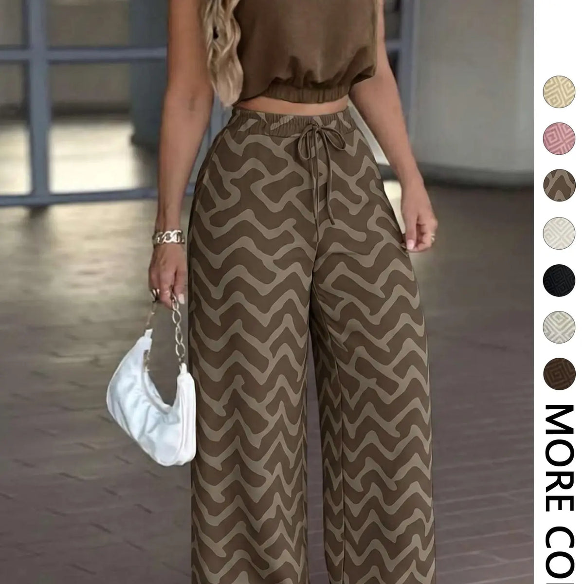 2-Piece Women's Casual Commuter Clothes Set, Two Pieces Outfits, Sleeveless Collared Waist-Defined Top with High-Waisted Adjustable Drawstring Wide-Leg Pants