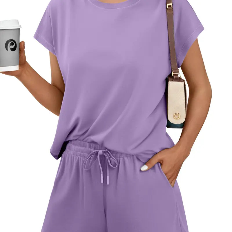 PINSPARK Women's 2-Piece Matching Set - Summer Crewneck Top, Drawstring Shorts with Pockets, Soft Fabric, Casual Travel Outfits, 2026 Trendy Sports & Outdoor Lounge Wear