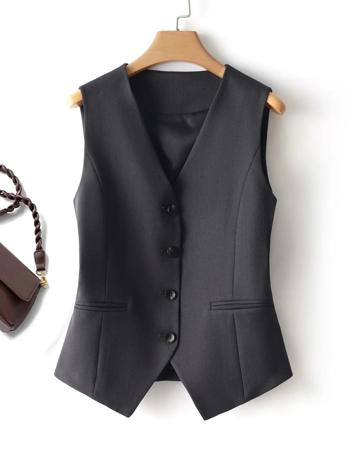 Women's V-Neck Button Gilet, Button Front Vest, Short Elegant Vest for Spring & Fall, Casual Plain Surface Outerwear, Fashionable Slim Fit Top