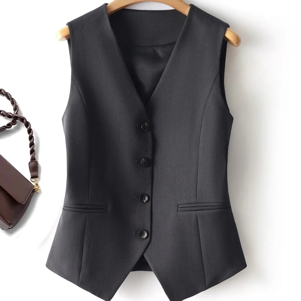 Women's V-Neck Button Gilet, Button Front Vest, Short Elegant Vest for Spring & Fall, Casual Plain Surface Outerwear, Fashionable Slim Fit Top