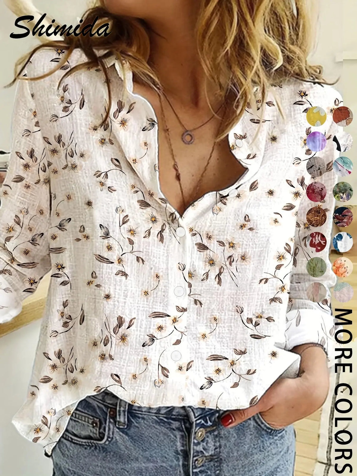 Women's Four-Season Button-Up Shirt, Digital Floral Print Long Sleeve Basic Blouse, Casual Vacation Lapel Boho Cottagecore Blouse, Soft Tops for Casual Daily Wear, Boho Style Shirt