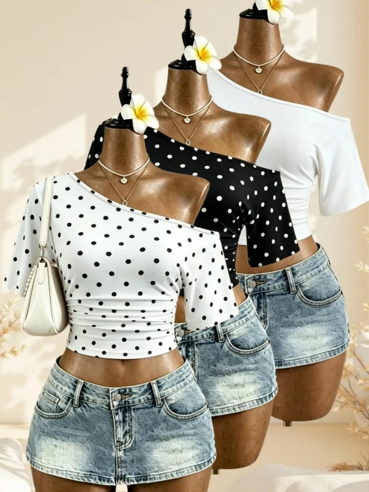 American Vintage Summer Asymmetrical Shoulder Pleated Short Sleeve Top, Polka Dot Solid Color Waist Cinch Slim Fit T-Shirt Set of Three