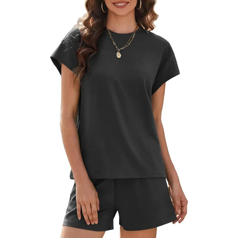 PINSPARK Women's 2-Piece Matching Set - Summer Crewneck Top, Drawstring Shorts with Pockets, Soft Fabric, Casual Travel Outfits, 2026 Trendy Sports & Outdoor Lounge Wear
