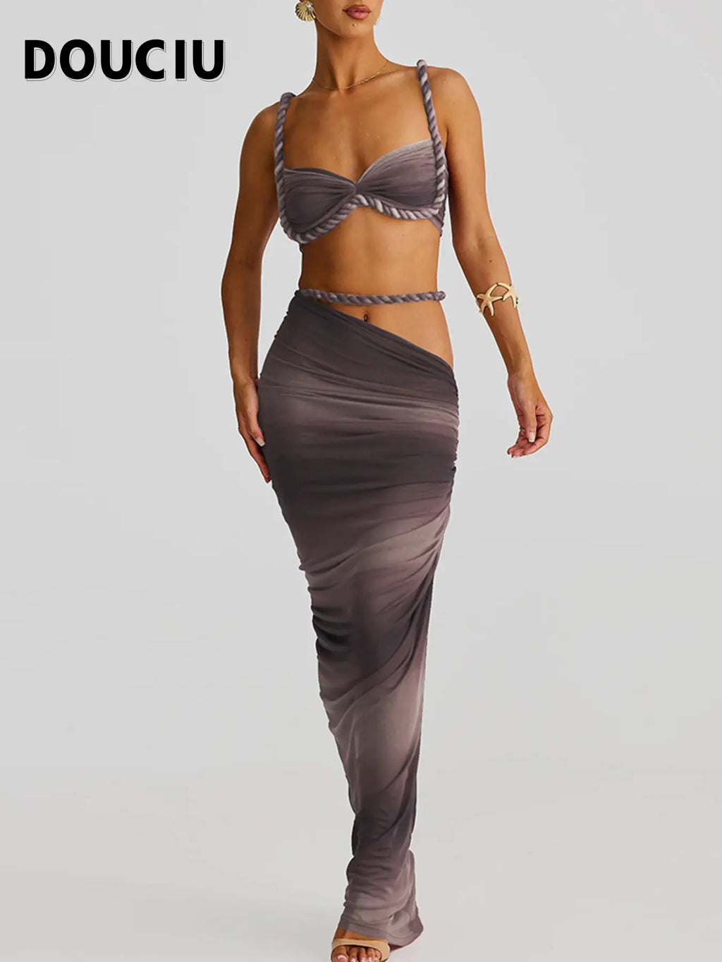 DOUCIU Multicolor Summer Beach Vacation Cool Light Sexy Hot Thin Women's Top Twisted Spaghetti Strap Vest Skirt Two-Piece Set