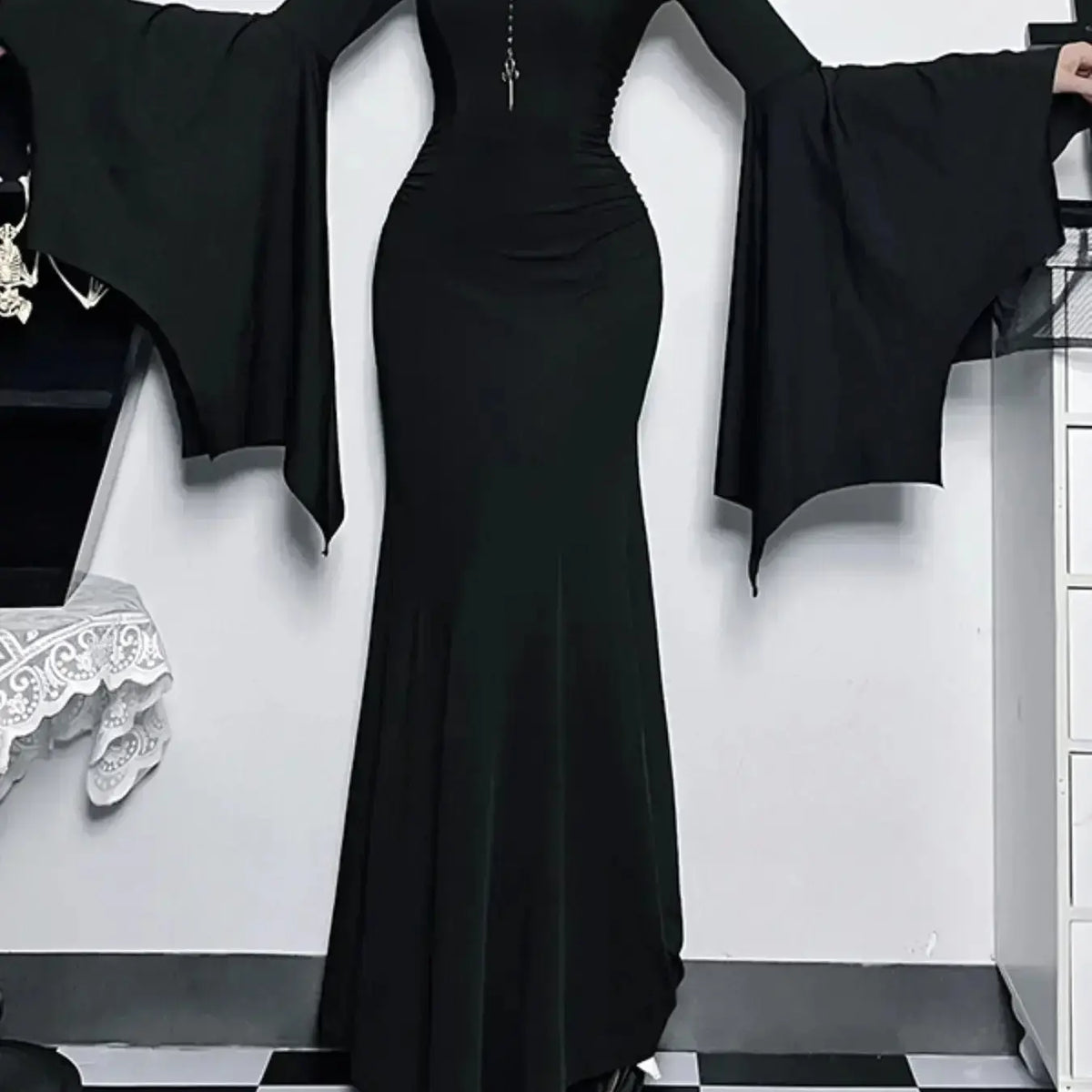Women's Solid Color Ruched Mermaid Maxi Bodycon Fitted Dress, Chic Elegant Formal Sweetheart Neck Batwing Long Sleeve Evening Party Gown, Fall & Winter Clothes, Womenswear