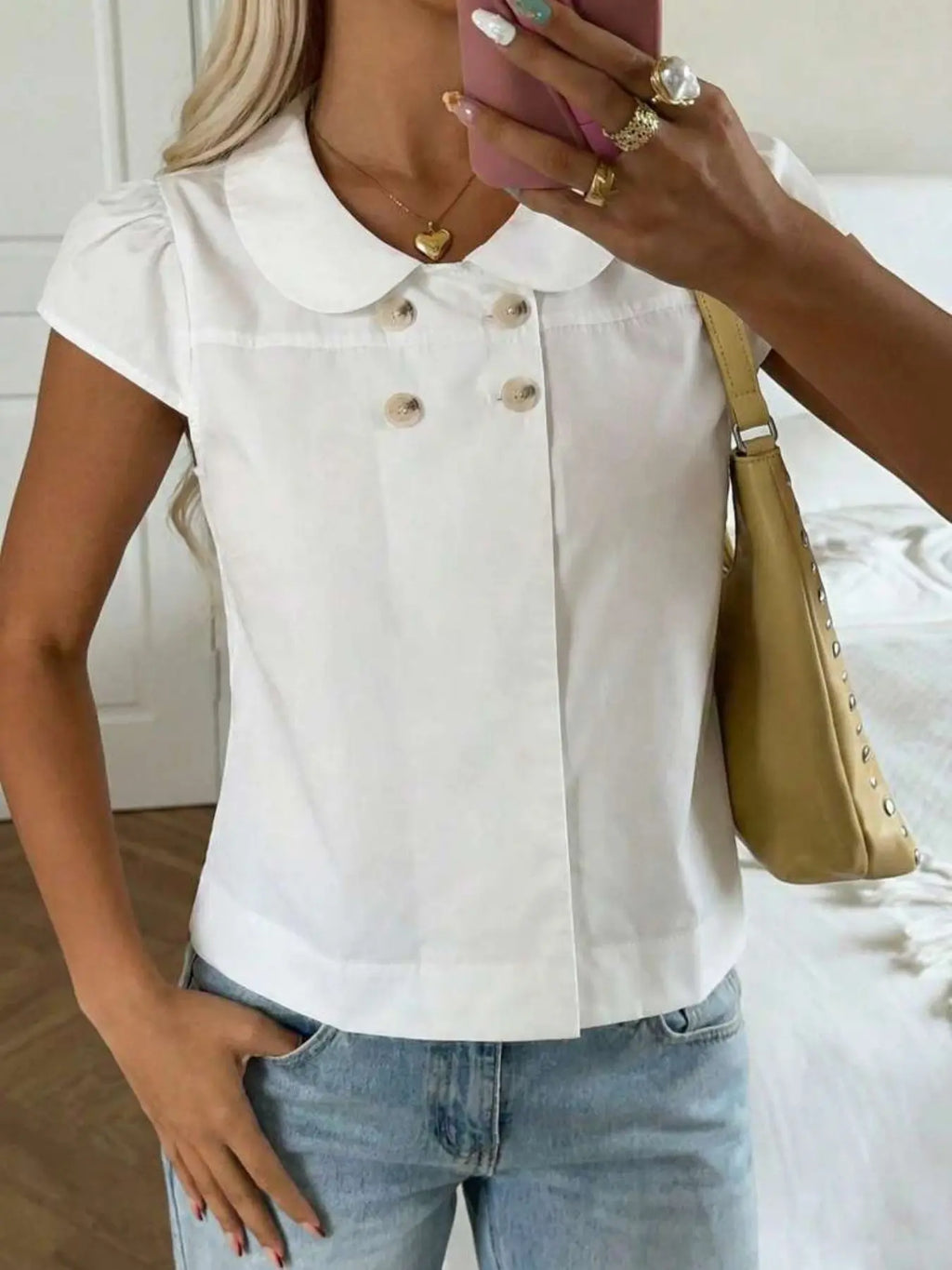 Simple Solid Color Peter Pan Collar Button Front Top, Women's Double Button Short Sleeve Short Dress Shirt, Blouse, Elegance Versatile Casual Office Wear, Easy to Match
