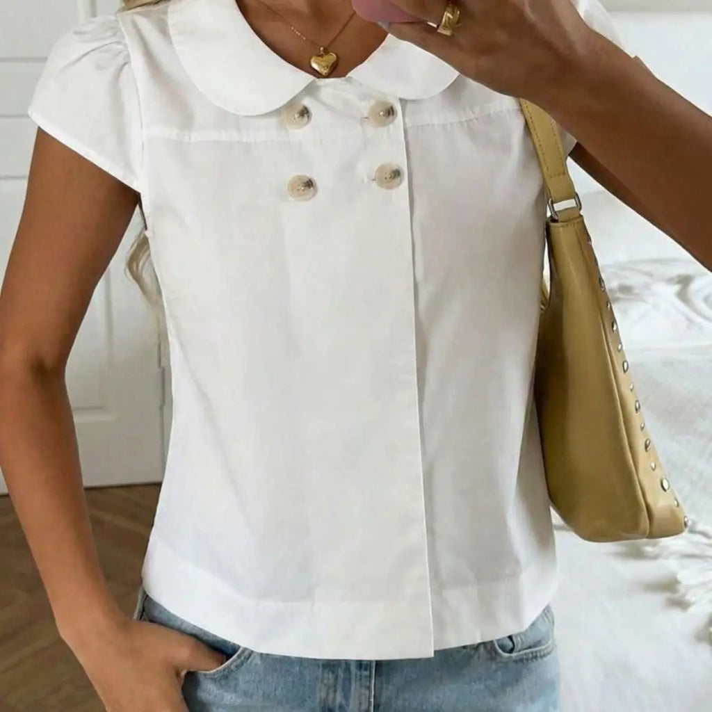 Simple Solid Color Peter Pan Collar Button Front Top, Women's Double Button Short Sleeve Short Dress Shirt, Blouse, Elegance Versatile Casual Office Wear, Easy to Match
