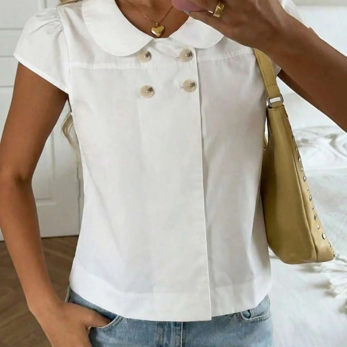 Simple Solid Color Peter Pan Collar Button Front Top, Women's Double Button Short Sleeve Short Dress Shirt, Blouse, Elegance Versatile Casual Office Wear, Easy to Match
