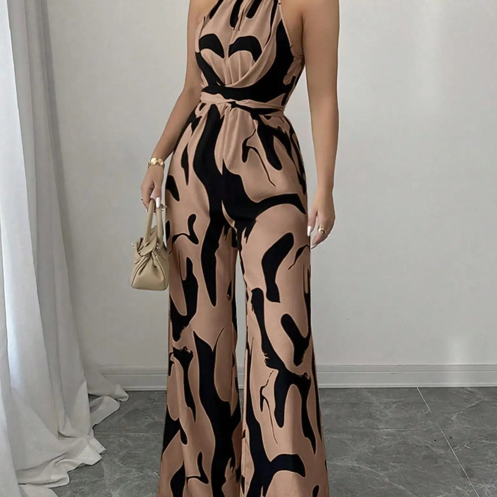 Women's All-Over Print Halter Neck Wide-Leg Jumpsuit, One Piece Jumpsuits, Sleeveless Casual Party Jumpsuit for Holiday Vacation & Daily Wear, Ladies' Spring & Summer Clothes