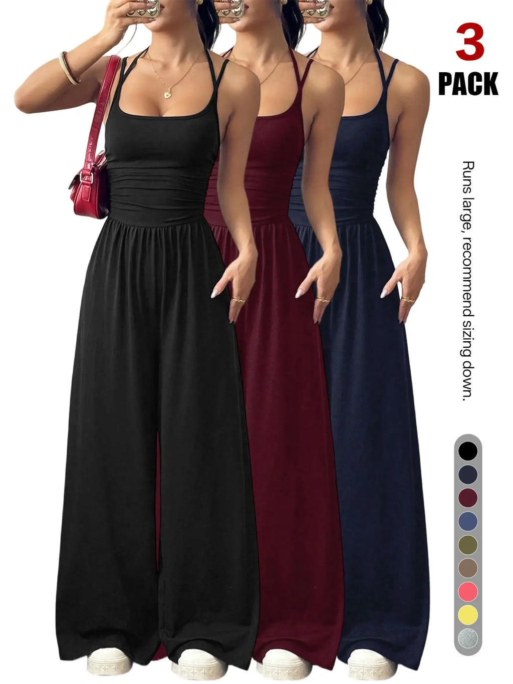 Women's Backless Jumpsuit, Basic Spaghetti Strap Smocked Bodice One Piece Romper, Sleeveless Wide Leg Casual Outfit, No Pockets, All Seasons Vacation Wear