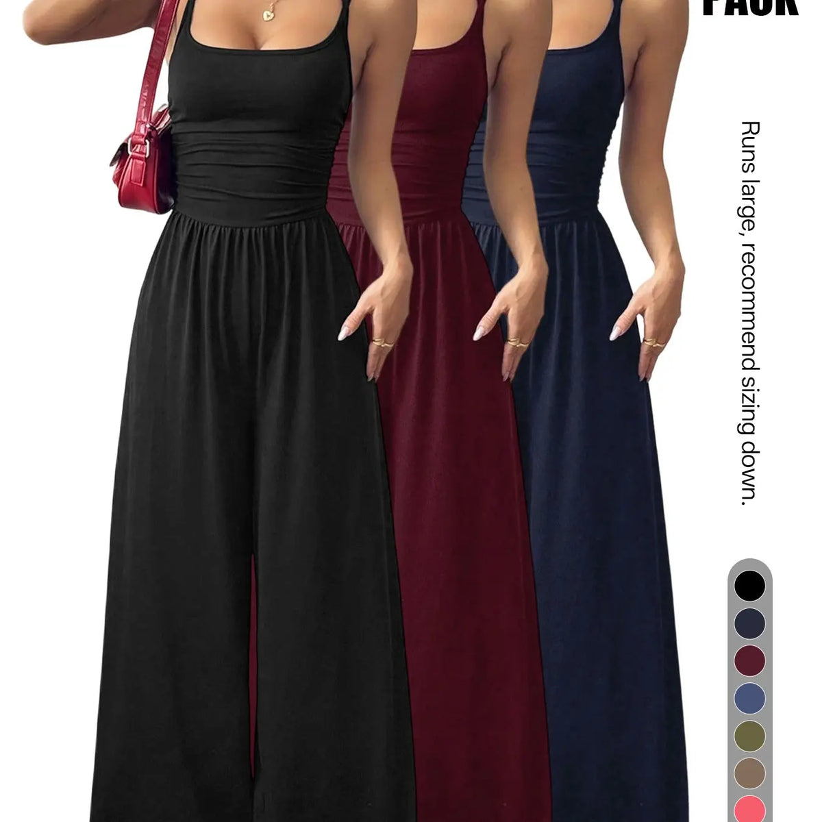 Women's Backless Jumpsuit, Basic Spaghetti Strap Smocked Bodice One Piece Romper, Sleeveless Wide Leg Casual Outfit, No Pockets, All Seasons Vacation Wear