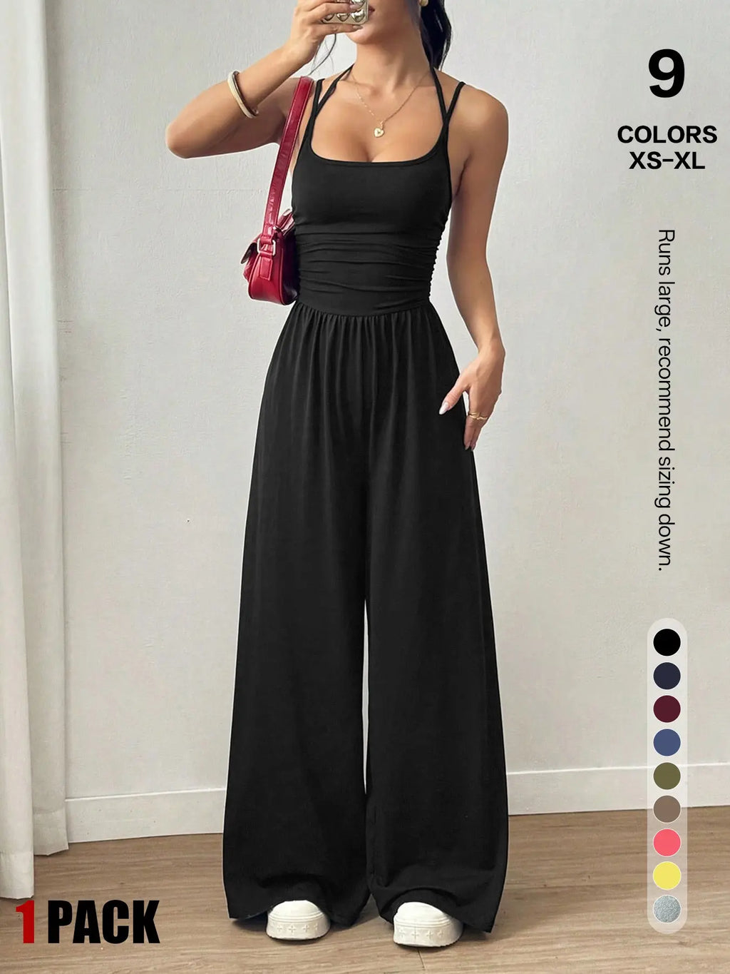 Women's Backless Jumpsuit, Basic Spaghetti Strap Smocked Bodice One Piece Romper, Sleeveless Wide Leg Casual Outfit, No Pockets, All Seasons Vacation Wear