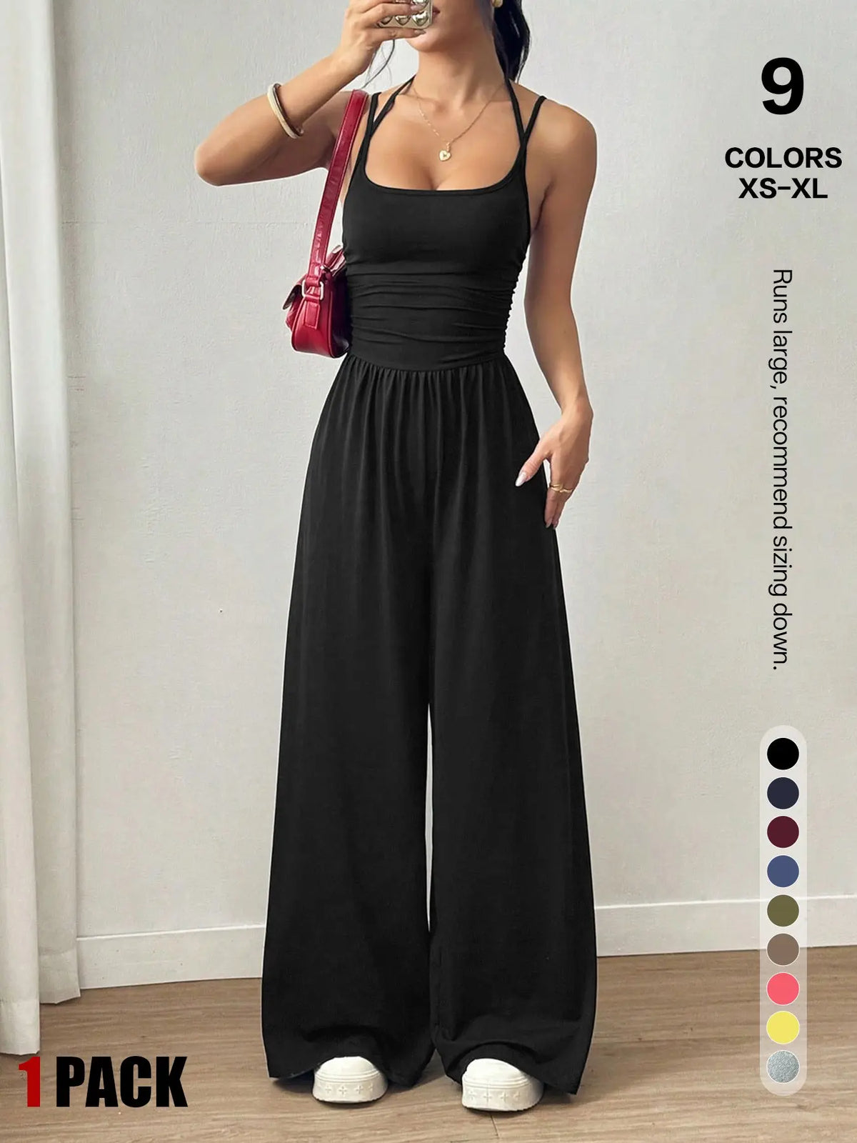 Women's Backless Jumpsuit, Basic Spaghetti Strap Smocked Bodice One Piece Romper, Sleeveless Wide Leg Casual Outfit, No Pockets, All Seasons Vacation Wear
