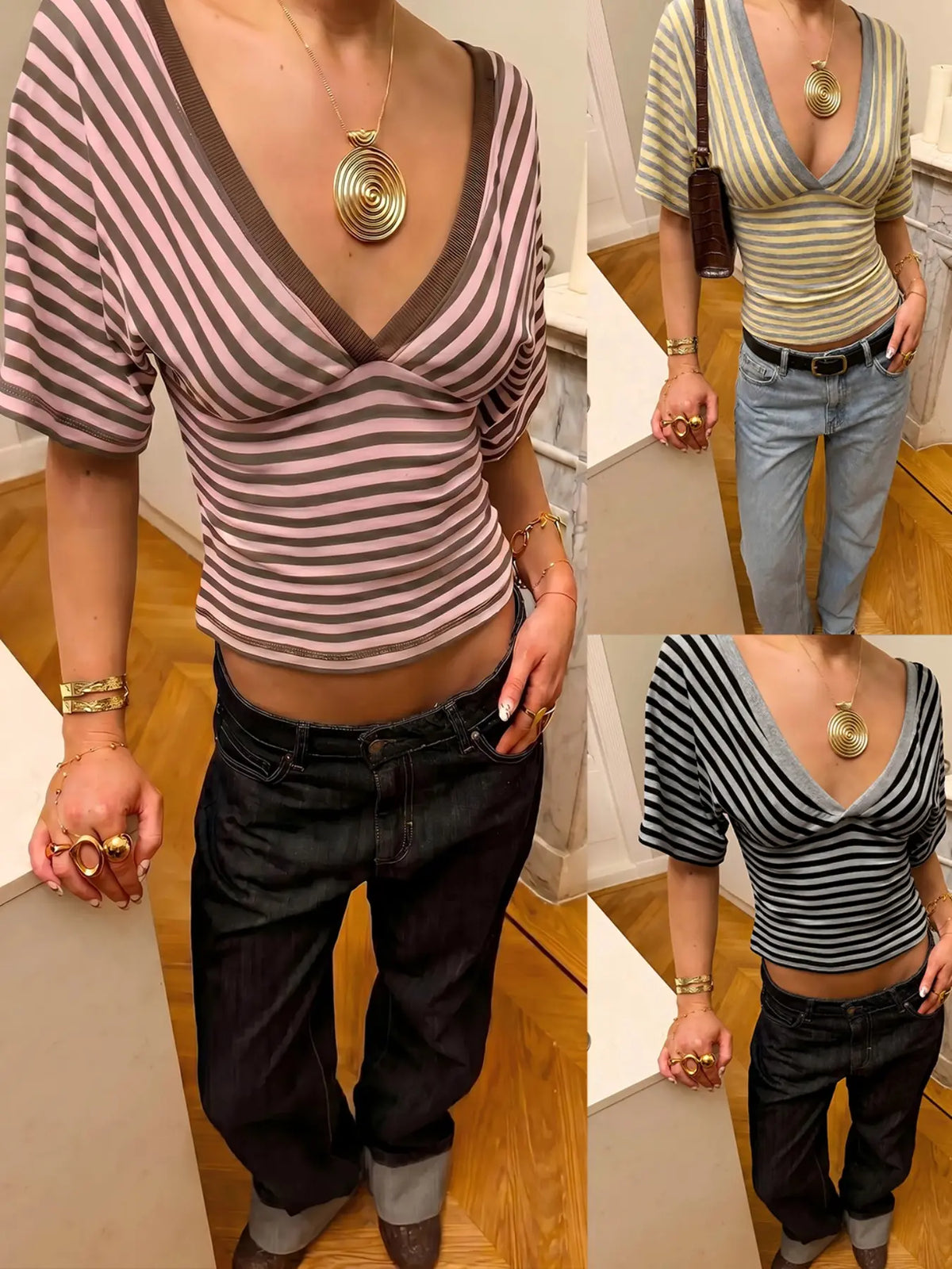 Striped V-Neck Wrap Top, Form-Fitting Puff Sleeve Y2K Crop Blouse, Stylish, Comfortable and Fashion Piece for Everyday Wear, Casual Everyday Tops