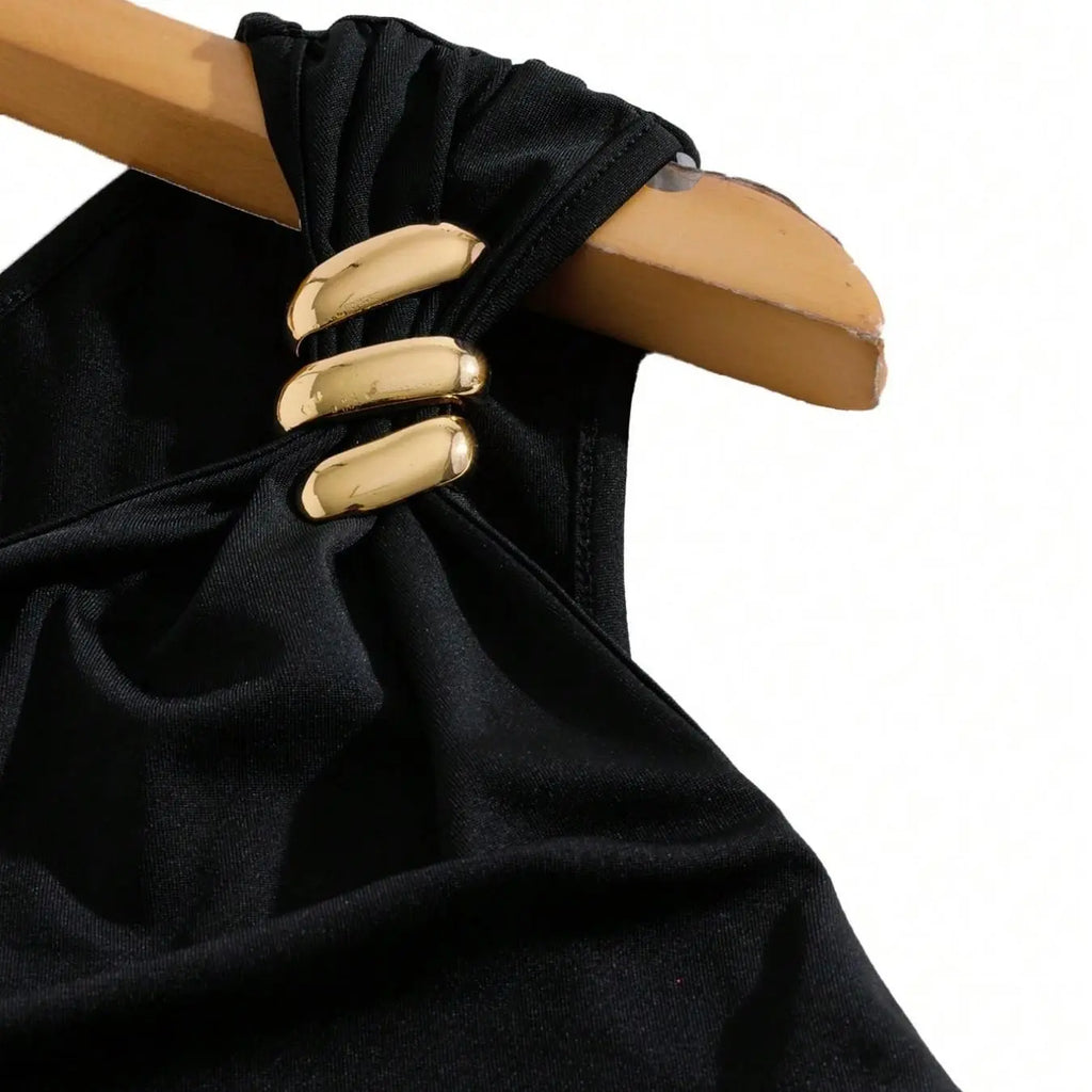 Women's Asymmetrical Tank Top, Elegant Gold Button Detail, Waist Cinch Design, Stretchy Fit Fabric, Perfect for Office & Dates