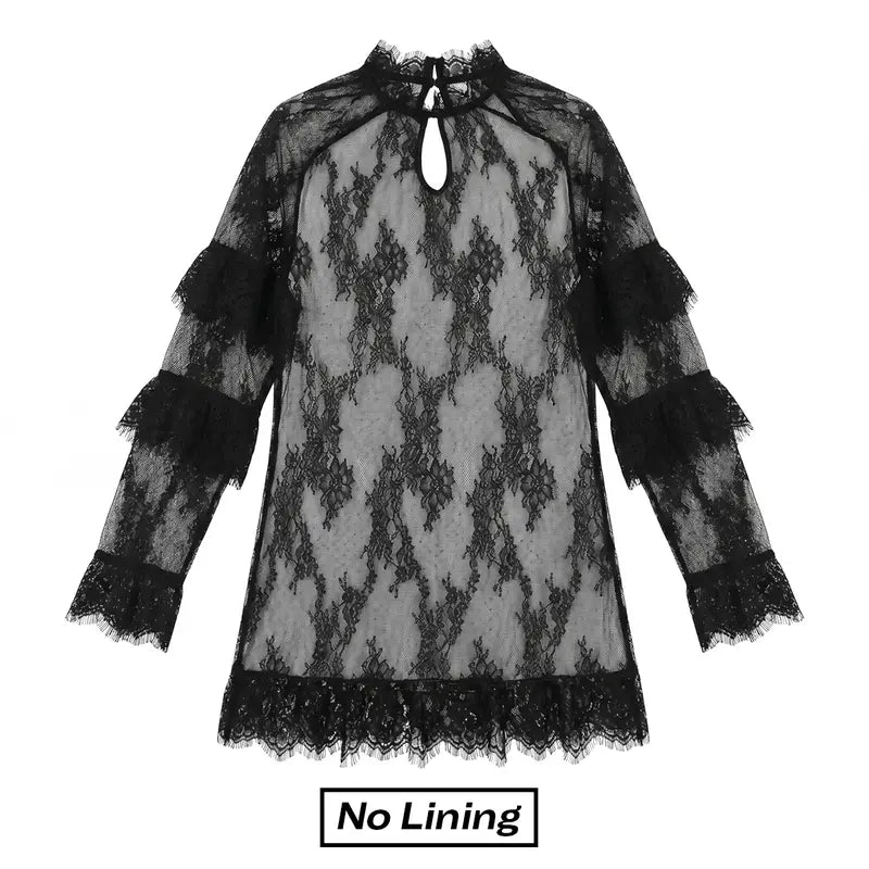 Chicovar  NO Lining! Women's Sheer Lace Dress, See Through, Unlined, Long Sleeve, Crew Neck, Elegant Night Out Mini Dress, Concert, Party, sohochic