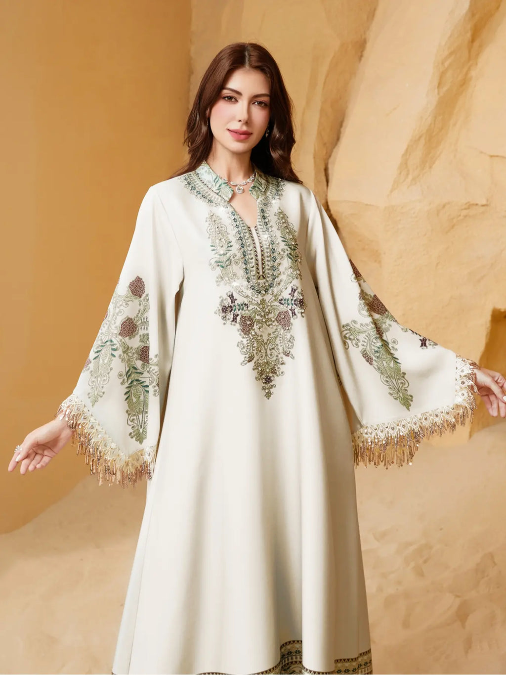 Women's Elegant Long Dress, Chic Elegant Formal, Loose Fit Ethnic Print, Long Sleeve, Lace-Up Design, All-Season Wear, Perfect for Evening Occasions & Special Events, Dresses for Party