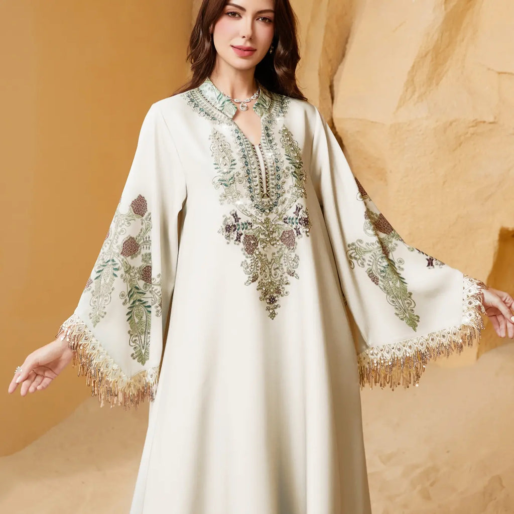 Women's Elegant Long Dress, Chic Elegant Formal, Loose Fit Ethnic Print, Long Sleeve, Lace-Up Design, All-Season Wear, Perfect for Evening Occasions & Special Events, Dresses for Party