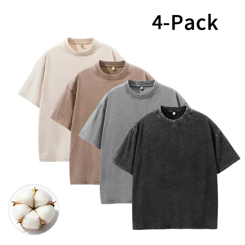 Men's Vintage Washed Cotton Streetwear T-Shirts, 2/4-Pack Oversized Plain Round Neck Bundle Short-Sleeve Tops with Cotton Build for Daily Rotation, Men's T Shirts