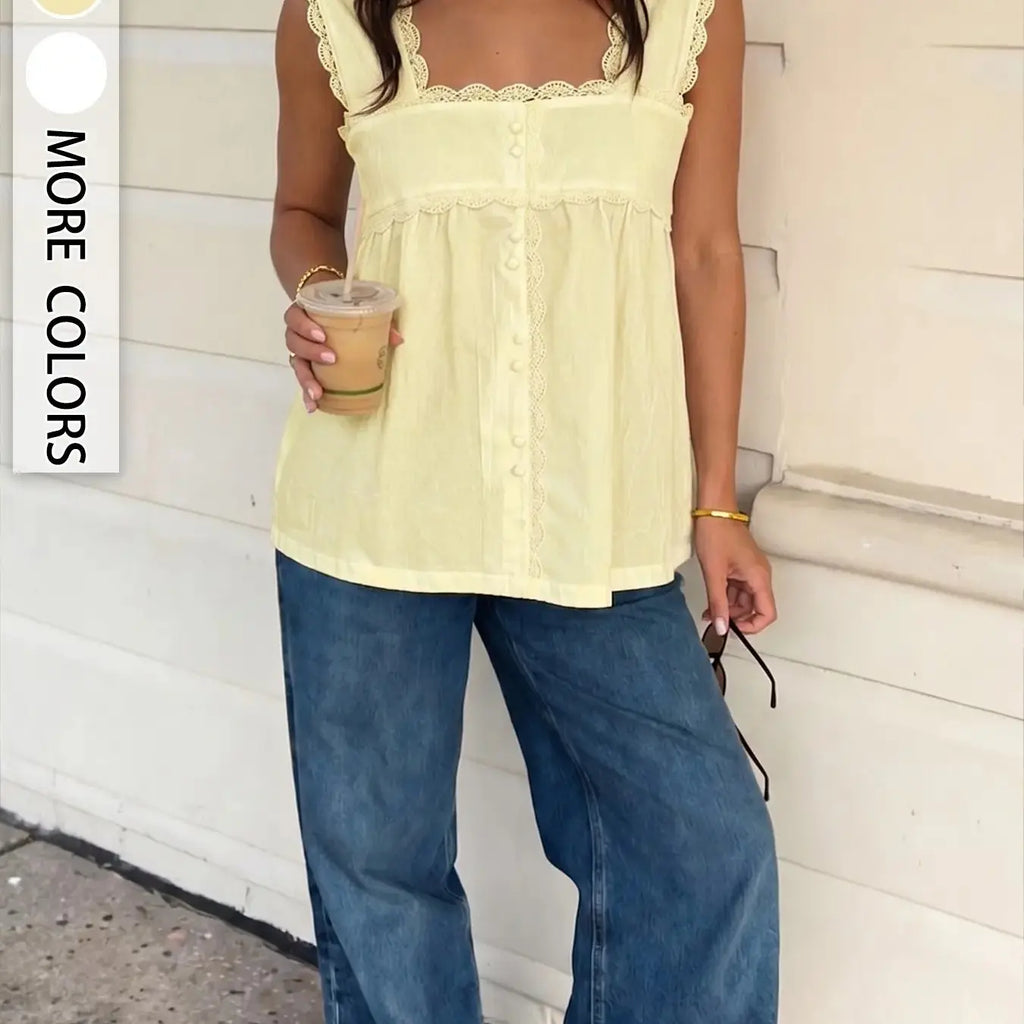 New French Style Casual Trendy Soft Square Neck Lace Sleeveless Shirt, High Waist A-Line Slimming Top, Elegant Women's Fashion Clothing