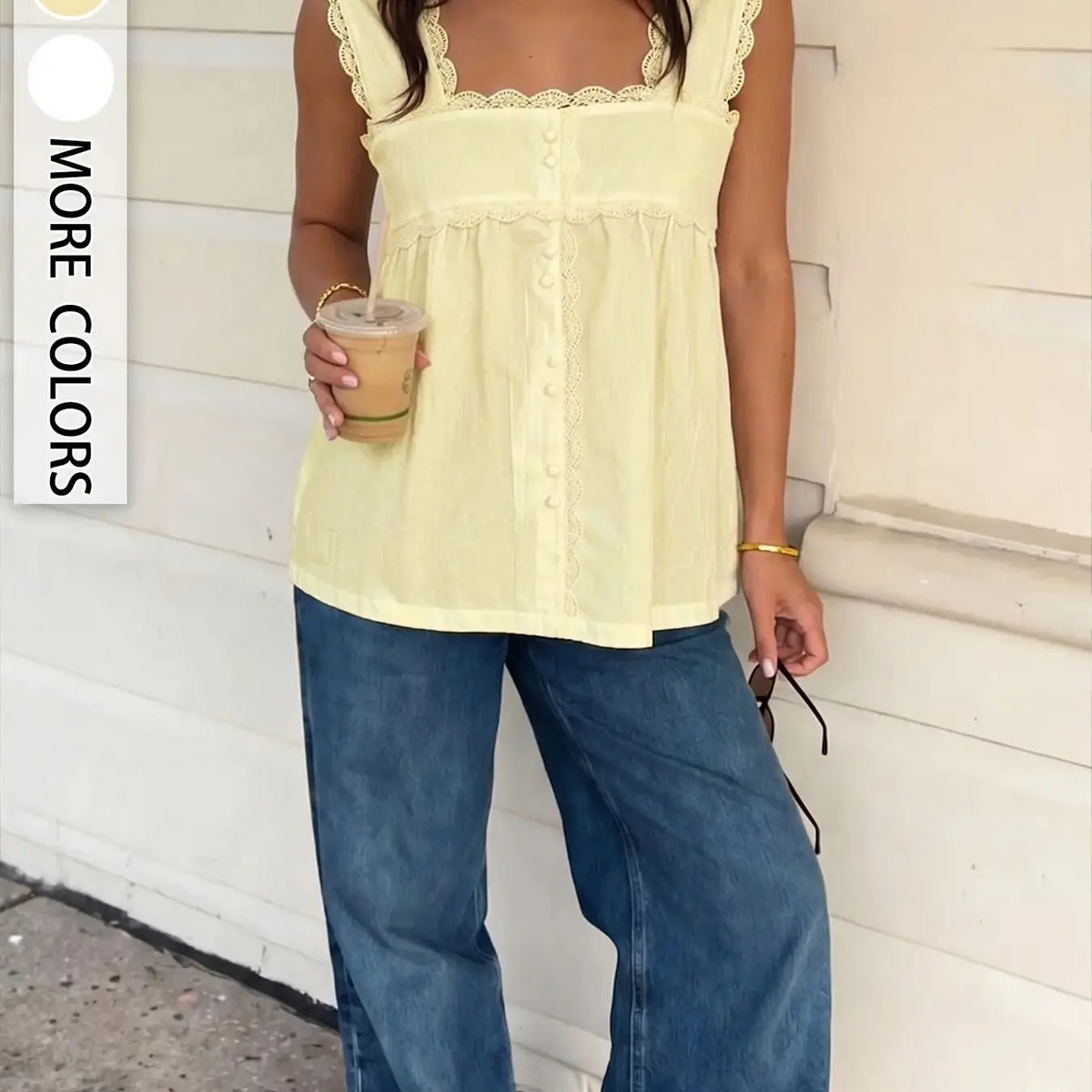 New French Style Casual Trendy Soft Square Neck Lace Sleeveless Shirt, High Waist A-Line Slimming Top, Elegant Women's Fashion Clothing