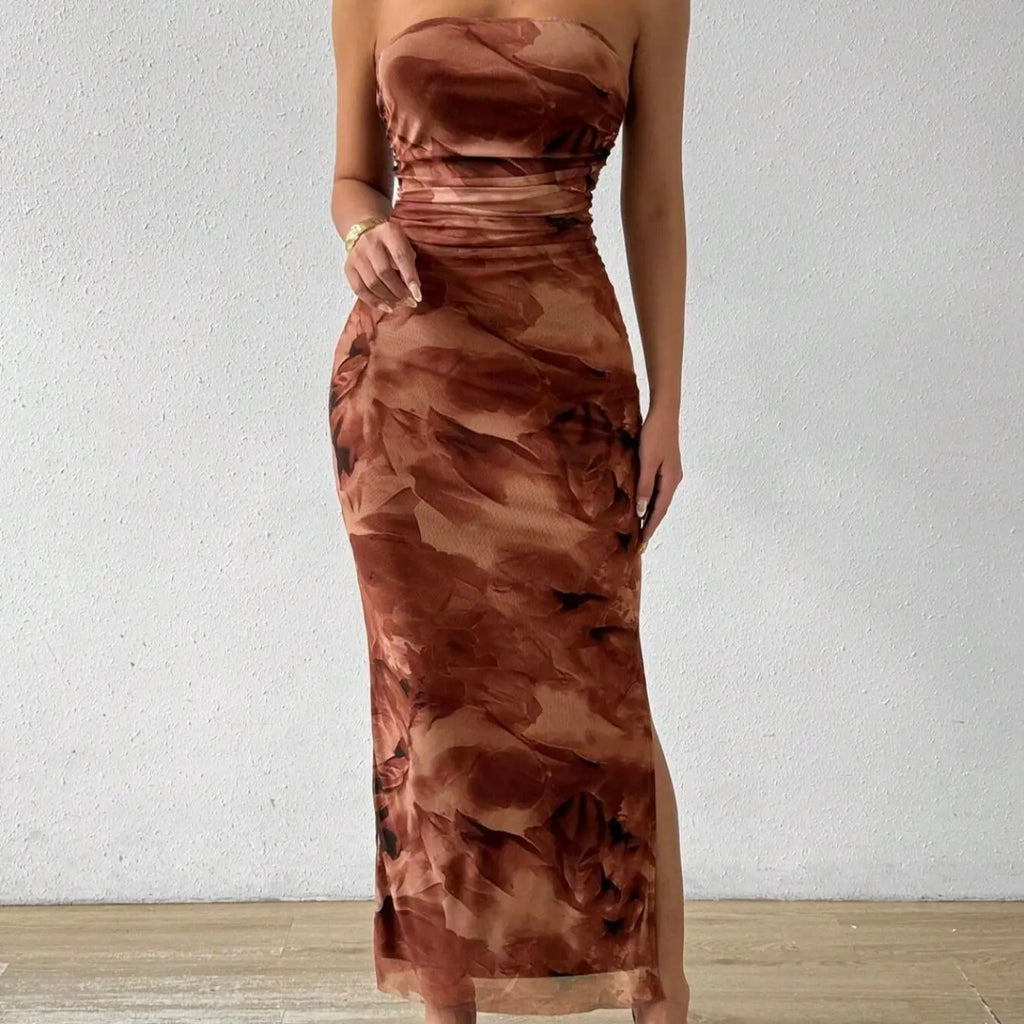 LovelyWholesale, Mother's Day Under $10, Women's All Over Print Ruched Backless, Strapless, Sleeveless Split Thigh Bodycon Fit Tube Dress, Sundress Maxi Dress, Elegant Fashion Dress, for Spring And Summer, Beach Holiday Elegance, Backless Fitted Dress
