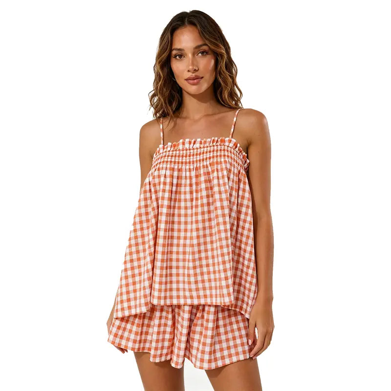 Women's 2 Piece Lounge Outfits Sleeveless Plaid Cami Tank Tops Wide Leg Shorts Sets