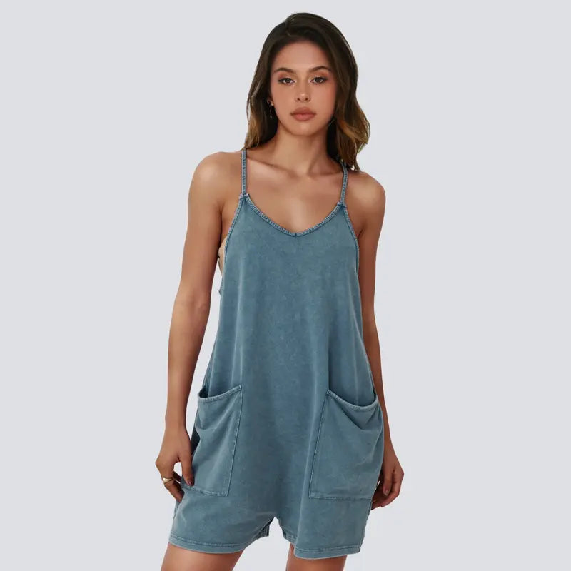 AUTOMET Women's Minimalist Acid Wash Cotton Blend Jumpsuit, Casual Comfy Spaghetti Strap Summer Romper with Pockets, Fashion Apparel, Clothes Products, Women's Clothes, Minimalist Vibe, One-Piece Romper Ease